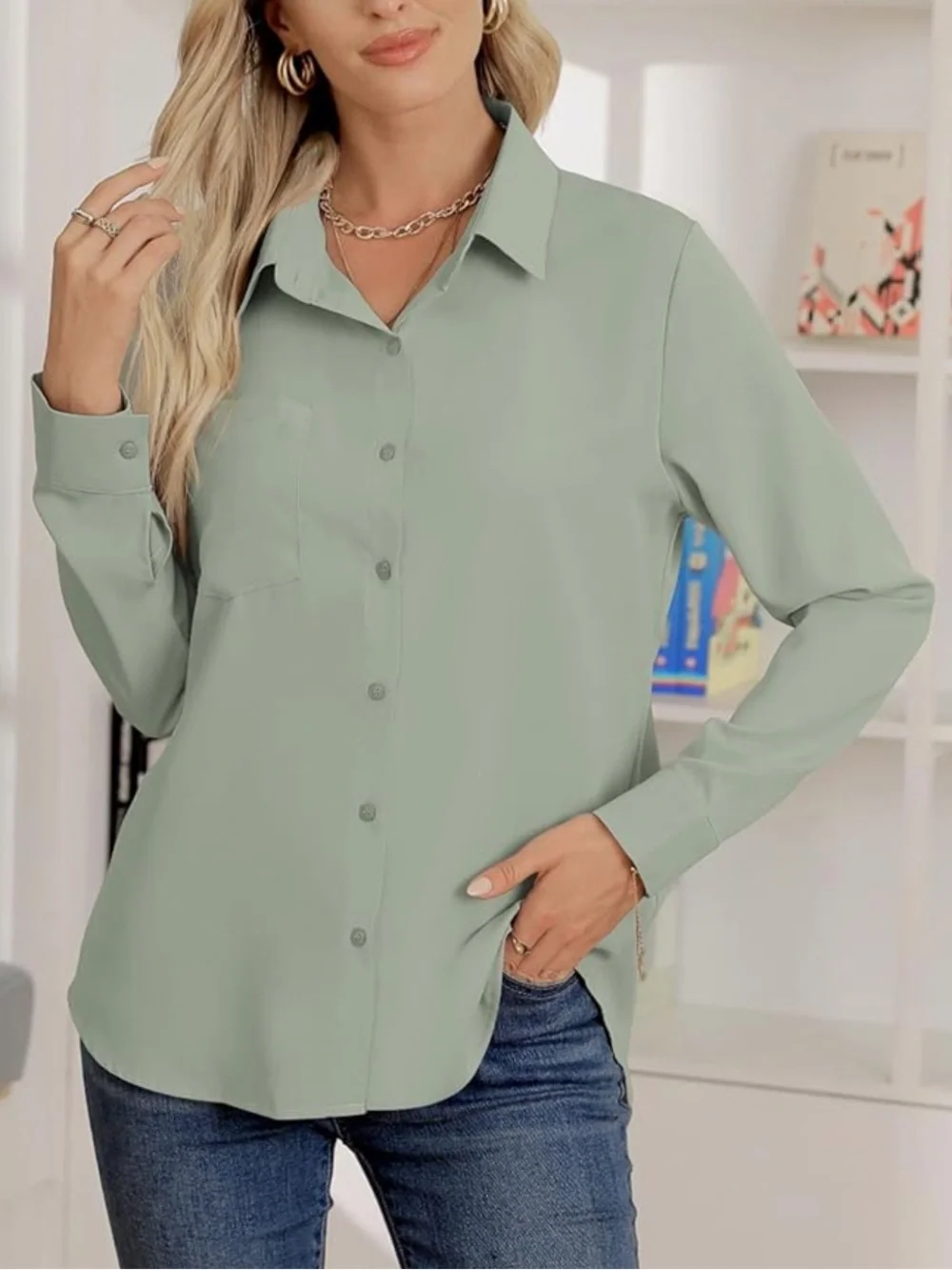 Light Sage Long-Sleeve Button Cuff Blouse